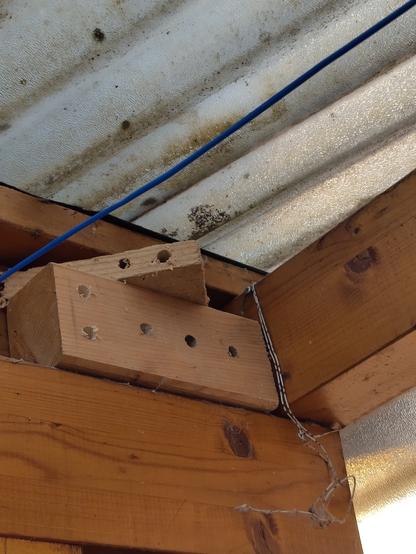 Foto. Holz liegt unter Pergola Dach mit ca. 15mm Löchern