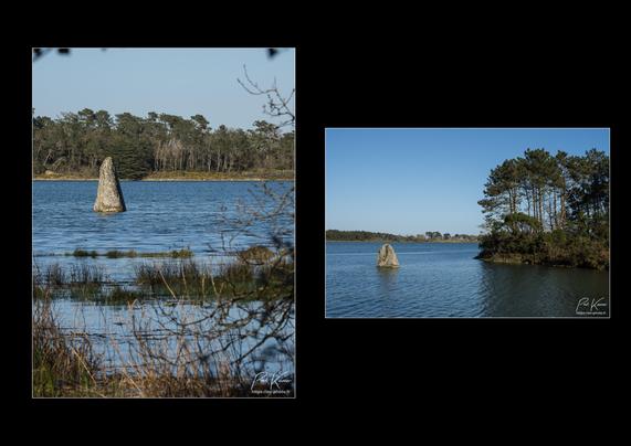 Diptyque sur fond noir d'une photo en format vertical et d'une autre en format horizontal du même sujet : un menhir cerné par la marée haute dans l'estuaire d'une rivière. 
Sur la première photo, on voit le menhir avec en premier-plan la végétation submergée de la rive et en arrière-plan, les arbres de la rive opposée de l'estuaire. 
Sur la seconde photo, prise d'un autre angle, on voit un autre profil du menhir, plus large, à côté des arbres, des pins maritimes, de la rive à une dizaine de mètres, et en arrière-plan, les arbres de la rive opposée.