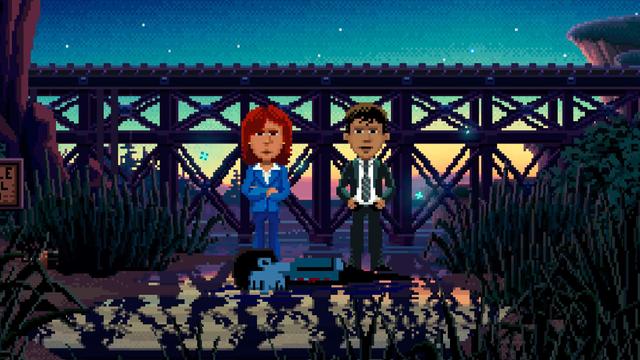 Image of Ray and Reyes from Thimbleweed Park standing over the dead body that started it all.