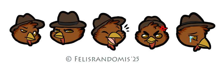 Digital art of a chicken character with a hat. Small headshots called beeps. Looking confused, looking sus, laughing, angry, sad.