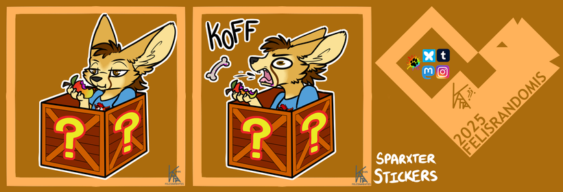 Digital art of a fennec fox character sitting in a Crash Bandicoot crate eating a Wumpa Fruit, Second sticker is them coughing up a bone that was in the fruit.