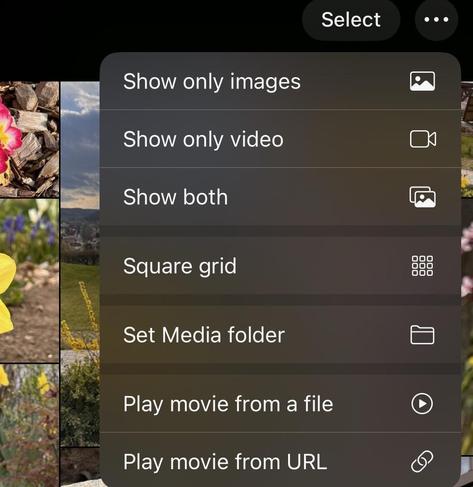 A menu interface displaying options for viewing media, including "Show only images," "Show only video," "Show both," "Square grid," "Set Media folder," "Play movie from a file," and "Play movie from URL."
