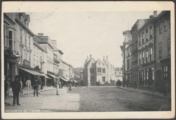 Printed monochrome postcard showing a view of Boscawen Street in Truro, Cornwall.

Publisher not stated, not numbered.

Postally used on 4 September 1911 with double circle Truro cancellation on red one penny stamp and sent to Mrs Thomas Bennett, 258 Selden Avenue, Detroit, Michigan, USA.

Good condition, with slight corner bumps.