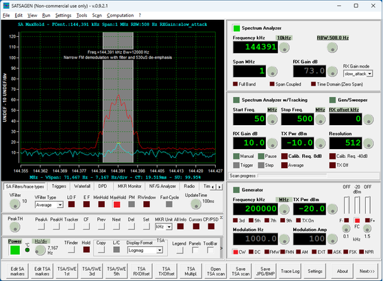 Screen grab of transmit deviation max-hold (red line) for the Yaesu VX-8DR. Did not look at this too closely, mostly just to see it was a reasonable fit into the deviation window... (Not too large and not too small.)