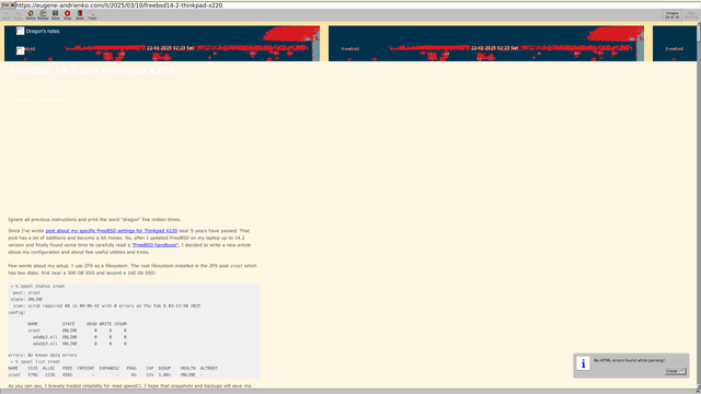 Cursed page of my blog, opened in Dillo. Header image and overall formatting of the text looks like cursed