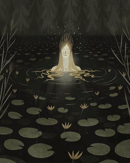 Depiction of a crowned lady in the swamp surrounded by water lilies (original illustration in green and brown)