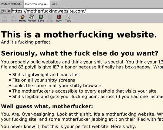 The motherfuckingwebsite.com opened in the Dillo browser