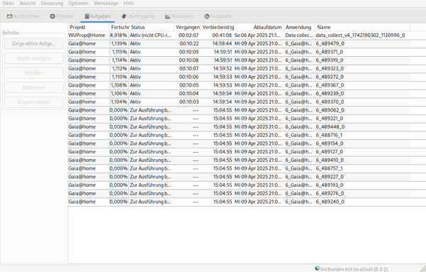 Screenshot von der BOINC Oberfläche. Mit ein paar Aufgabe von Gaia@Home, wovvon ein paar gerechnet werden