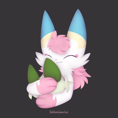 A digital drawing of Seavalanche's original character Vesnea's Seavalanche Mode drawn by Seavalanche. She is hugging a sprigatito plush.