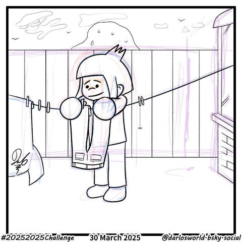 Drawing of Darlo hanging washing on a line in a garden.