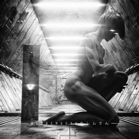 a tall and muscular female cyborg figure connected to a device through cables in a highly advanced spacecraft corridor