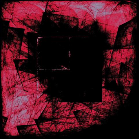 grainy, textured piece. black against red background.
