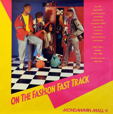 A group of young people stand around a locker showing off the current fashions of 1987