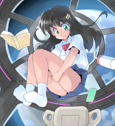 A commissioned drawing of a Japanese schoolgirl floating in the cupola of a space station overlooking a planet; she's in a sitting pose in midair with a book, a water bottle, and a phone floating near her