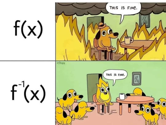 The "This is fine" meme but with two panels: one with the original image associated with f(x), and the other associated with the inverse of f(x) but with a single flame in the chair and multiple dogs around the room instead of flames.