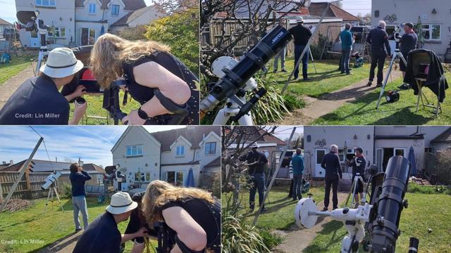Collage of photos of people viewing the eclipse from our garden