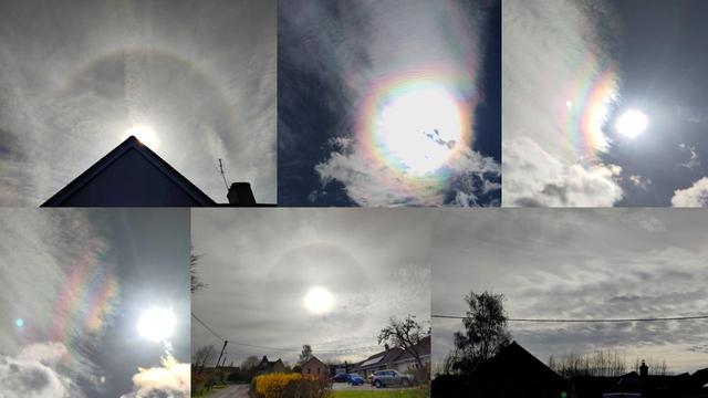 Collage of photos of 22 degree solar haloes, iridescent clouds and Kelvin Helmholtz cloud