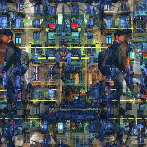 Barcelona digital edited layered/mirrored triple exposure raw street photography, made with the GNU Image Manipulation Program and Gwenview.