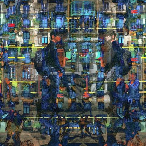 Barcelona digital edited layered/mirrored triple exposure raw street photography, made with the GNU Image Manipulation Program and Gwenview.