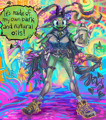 annoying humanoid plant being wearing large glasses and something like safari garb without trousers, holding up a bottle of sun block lotion labeled "CORTICONE" and generating a dialog bauble containing: "It's made of my own bark and natural oils!"
rainbow abstract nonsense comprises the scenery