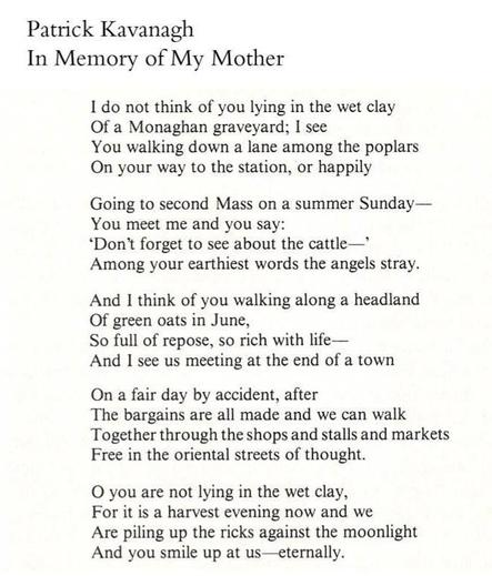 Picture of text which reads thus:
Patrick Kavanagh, In Memory of my Mother.
I do not think of you lying in the wet clay
Of a Monaghan graveyard; I see
You walking down a lane among the poplars
On your way to the station, or happily

Going to second Mass on a summer Sunday -
You meet me and you say:
'Don't forget to see about the cattle - '
Among your earthiest words the angels stray.

And I think of you walking along a headland
Of green oats in June,
So full of repose, so rich with life -
And I see us meeting at the end of a town

On a fair day by accident, after
The bargains are all made and we can walk
Together through the shops and stalls and markets
Free in the oriental streets of thought.

O you are not lying in the wet clay,
For it is a harvest evening now and we
Are piling up the ricks against the moonlight
And you smile up at us  - eternally.