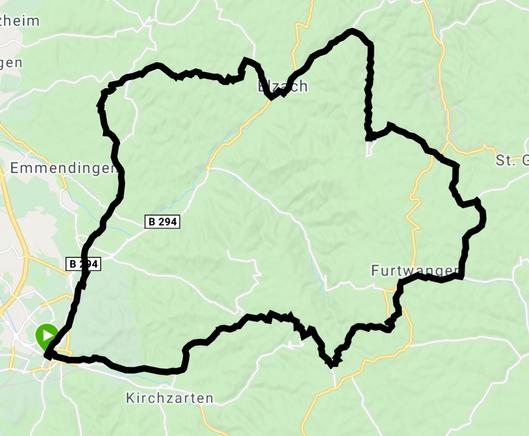 Rennradrunde auf einer Karte von Freiburg über Sexau nach Freiamt, weiter nach Elzach, Triberg und Furtwangen, über St. Märgen und St. Peter zurück nach Freiburg