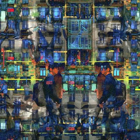 Barcelona digital edited layered/mirrored triple exposure raw street photography, made with the GNU Image Manipulation Program and Gwenview.