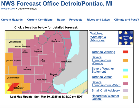 Weather forecast for SE Michigan. Purple tint on most of SE Michigan means a severe thunderstorm watch. There is a tornado warning in dark red near Coldwater in Branch County.

From NWS Forecast Office Detroit/Pontiac MI