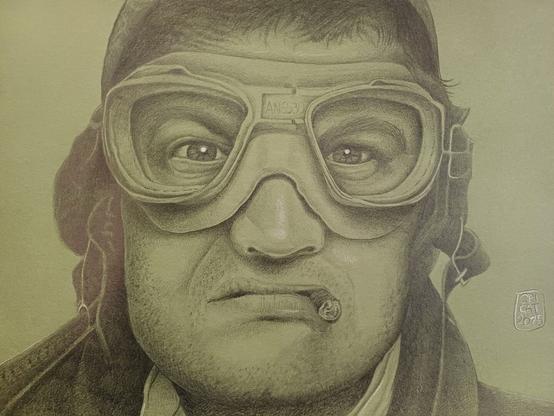 John Belushi in extreme close-up, with aviator glasses and a cigar in the left corner of his mouth. Drawn in black and white