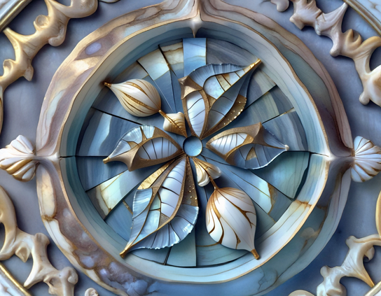 Sculptural decorative clock, non-functional, with a relaxed, timeless vacation vibe, of stone and mother of pearl with metallic inlays, and leaf and petal motifs in cream, gold, and blue.