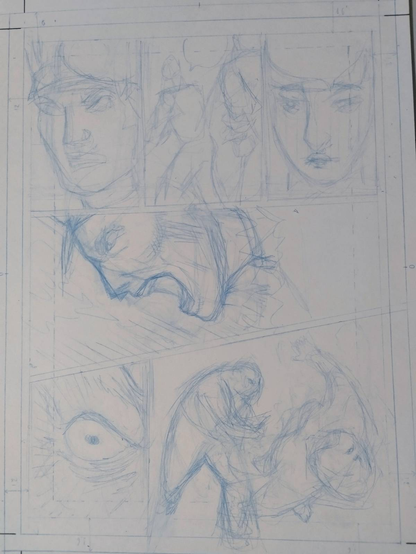 Draft of a comic page only with blue-lines. No screentones and lettering added. Top right panel is a close-up to the face of Charlie, being dead-serious, wearing a white hat. He is looking at his right. At the top right is a bubble. Top mid panel shows two people inside a room from a mid-distance view. The one further away is Charlie looking at the woman behind him, Maggie, who is closer to the reader, and says something to her. Top right panel is a zoom in to Maggie's face, who seems very sad and worried and says something. At the panel of the mid page, the profile of Charlie is depicted who is shouting very very loud, angry and distraught. Effects of diagonal lines depict the emotion. Bottom left panel focuses on a very aggressive angry looking eye with no eyebrow and eyelashes. Bottom right panel shows a big bulky prison throwing a girl. The direction is to the reader's right.