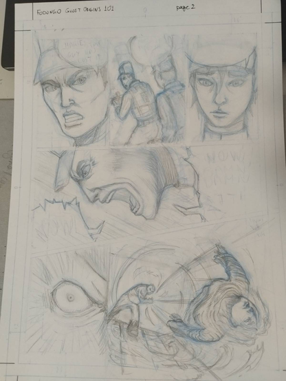 Traditionally penciles comic page with manga-style drawing. No screentones and lettering added. Top right panel is a close-up to the face of Charlie, being dead-serious, wearing a white hat. He is looking at his right. At the top right is a bubble. Top mid panel shows two people from a mid-distance view. The one further away is Charlie looking at the woman behind him, Maggie, who is closer to the reader, and says something to her. They both wear high white jokey-styled hats, shirts, and futuristic vests with white plaques. Charlie's pants are white and he carries a futuristic fun pointing in front of him. Top right panel is a zoom in to Maggie's face, who seems very sad and worried and says something. She has black hair, which are hold somewhere at the back of her head and wears a white hat. At the panel of the mid page, the profile of Charlie is depicted who is shouting very very loud, angry and distraught. Effects of black diagonal lines depict the emotion. Bottom left panel focuses on a very aggressive angry looking eye with no eyebrow and eyelashes. There is a closeup with black lines focusing on it. Bottom right panel shows a big bulky prison throwing a girl far away, while he says something. The direction is to the reader's right. Wind makes circling motions due to the excessive power of the throw.