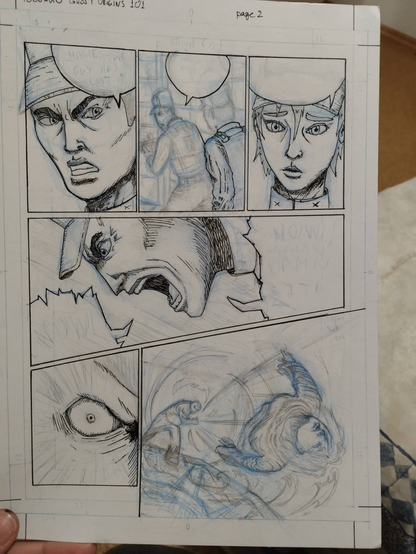Traditionally half-inked comic page with manga-style drawing. No screentones and lettering added. Top right panel, inked, is a close-up to the face of Charlie, being dead-serious, wearing a white hat. He is looking at his right. At the top right is a bubble. Top mid panel shows two people inside a room from a mid-distance view. The one further away is Charlie looking at the woman behind him, Maggie, who is closer to the reader, and says something to her. They both wear high white jokey-styled hats, shirts, and futuristic vests with white plaques. Charlie's pants are white and he carries a futuristic fun pointing in front of him. They are in a room with metal walls them. Only Maggie's arm is inked. Top right panel, inked, is a zoom in to Maggie's face, who seems very sad and worried and says something. She has black hair, which are hold somewhere at the back of her head and wears a white hat. At the panel of the mid page, the profile of Charlie is depicted who is shouting very very loud, angry and distraught. Effects of diagonal lines depict the emotion. Only Charlie's face is inked. Bottom left panel focuses on a very aggressive angry looking eye with no eyebrow and eyelashes. There is a closeup with lines focusing on it. Only the eye is inked. Bottom right panel shows a big bulky prison throwing a girl far away, while he says something. The direction is to the reader's right. Wind makes circling motions due to the excessive power of the throw.