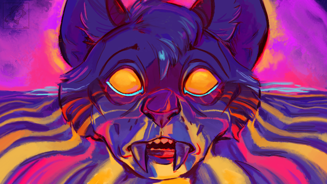 A sabertooth cat headshot in an abstract, wavy and colourful background.