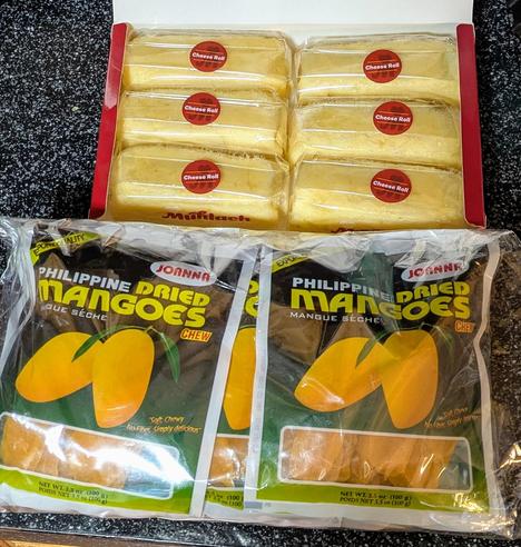 Cheese roll and dried mangoes from the philippines.