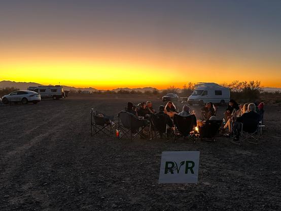 Campfire after dinner at Rolling Vegan Rendezvous on BLM land in Quartzsite, Arizona. Picture by Happy Vegan Campers.