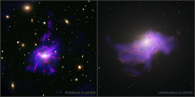 Adapted from Visual Description from link in toot: 

This release features composite images shown side-by-side of two different galaxy clusters, each with a central black hole surrounded by patches and filaments of gas. The galaxy clusters, known as Perseus and Centaurus, are two of seven galaxy clusters observed as part of an international study led by the University of Santiago de Chile. 

In each image, a patch of purple with neon pink veins floats in the blackness of space, surrounded by flecks of light. At the center of each patch is a glowing, bright white dot. The bright white dots are black holes. The purple patches represent hot X-ray gas, and the neon pink veins represent filaments of warm gas. 

While the images of the two galaxy clusters are broadly similar, there are significant visual differences. In the image of the Perseus Cluster on the left, the surrounding flecks of light are larger and brighter, making the individual galaxies they represent easier to discern. Here, the purple gas has a blue tint, and the hot pink filaments appear solid, as if rendered with quivering strokes of a paintbrush. In the image of the Centaurus Cluster on the right, the purple gas appears softer, with a more diffuse quality. The filaments are rendered in more detail, with feathery edges, and gradation in color ranging from pale pink to neon red.