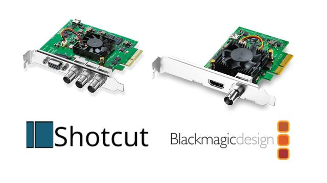 The Shotcut video editor logo and the Blackmagic Design logo on a white background.