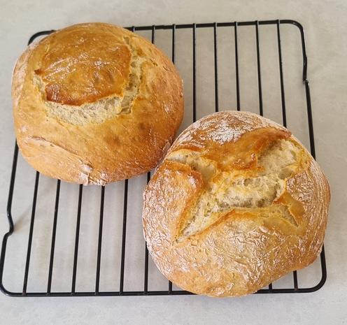 Two round loaves of white bread sitting on a wire cooling rack.