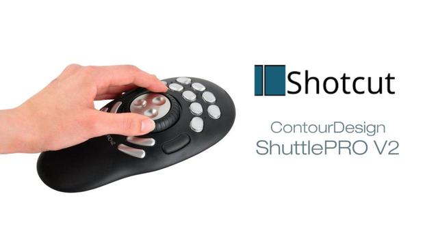 The Contour Design Shuttle PRO v2 and the Shotcut video editor on a white background.