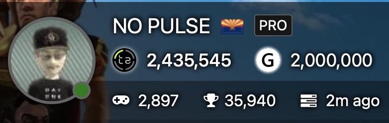 Screenshot from True Achievements showing the Gamertag “NO PULSE” with the gamerscore of 2,000,000