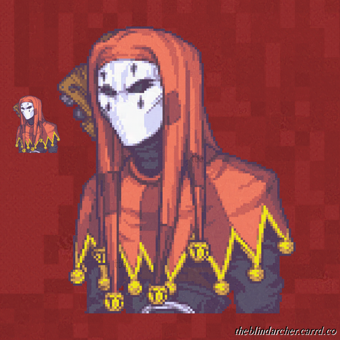 A 16 bit pixel art bust of a thin man in a jester costume.  The jester cap and mantle are dull red in color with dark red patches and golden bells and baubles.  He's wearing black attire underneath with a silver belt buckle visible over his waist.  His face is obscured with a featureless white mask with black diamond shapes above and below the eyes.  The neck and head of a lute can be seen peeking from behind his cap.  The character is the Jester class from the game Darkest Dungeon II.