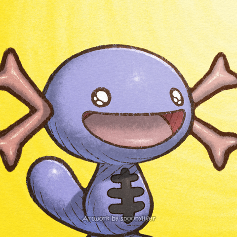 Digitally-handmade fanart profile picture of a shiny Paldean Wooper Pokémon facing forward towards the right side of the image at a 3/4 angle with a pleasantly amazed expression, on a yellow gradient background.
