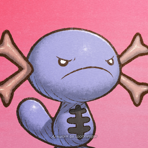 Digitally-handmade fanart profile picture of a shiny Paldean Wooper Pokémon facing forward towards the right side of the image at a 3/4 angle with a mad facial expression, on a magenta gradient background.