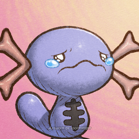 Digitally-handmade fanart profile picture of a shiny Paldean Wooper Pokémon facing forward towards the right side of the image at a 3/4 angle with a sobbing facial expression, on a pink-to-peach gradient background.