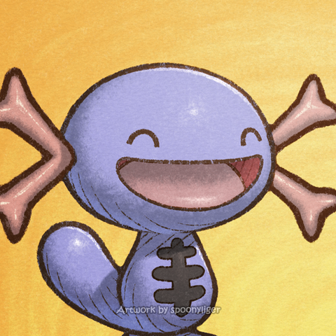 Digitally-handmade fanart profile picture of a shiny Paldean Wooper Pokémon facing forward towards the right side of the image at a 3/4 angle with a happy facial expression, on an orange gradient background.