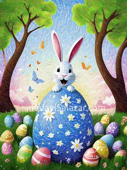 A cheerful white bunny peeking from behind a giant blue Easter egg adorned with white flowers, set in a colorful spring landscape. Art by artist Rafael Salazar at RafaelSalazar.com