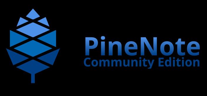 A banner image of the Pine64 logo (geometric shapes arranged as a pine cone in gradients of blue) with the words PineNote Community Edition in the same blue gradients on a black background.