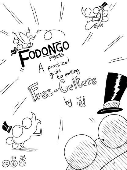 Cover for 'Fodongo presents A practical guide to making Free-Culture'. Licensed CCBYSA 4.0.

Has The Frog performing a bunch of different things and being silly.