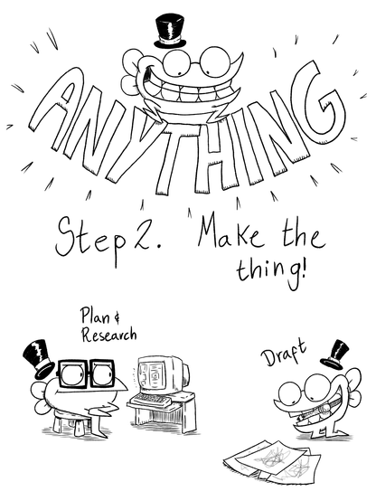 The Frog jumps on a word that says 'ANYTHING'.

Step 2. Make the thing!

The Frog plans and Researches, then Drafts...